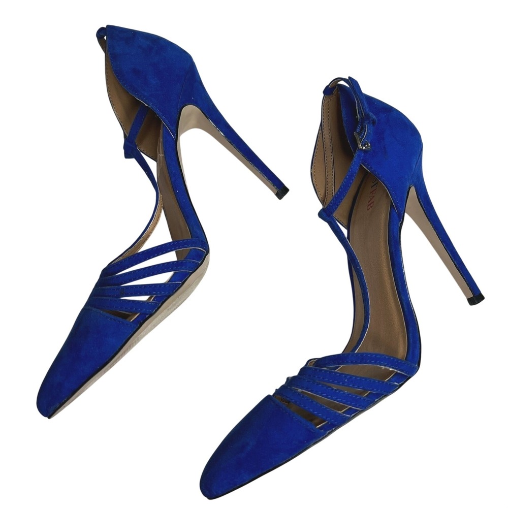 JustFab Gabriela Heels Women 9 Blue T-Strap Pointed Toe Caged Stiletto Pumps